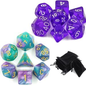 2 Conjuntos Dados Rpg Roxo Translúcidos E Galaxia C/7 Bolsa