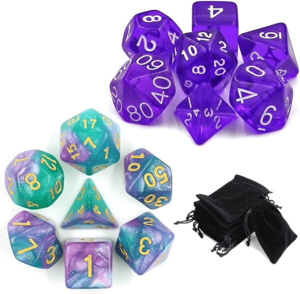 2 Conjuntos Dados Rpg Roxo Translúcidos E Galaxia C/7 Bolsa